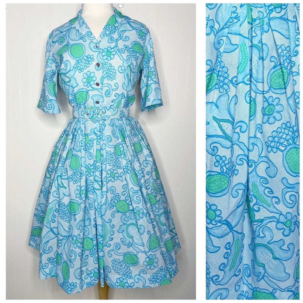 Vintage 50s/60s Bright Blue Green Floral Print A-Line Day Shirt Dress XS/S